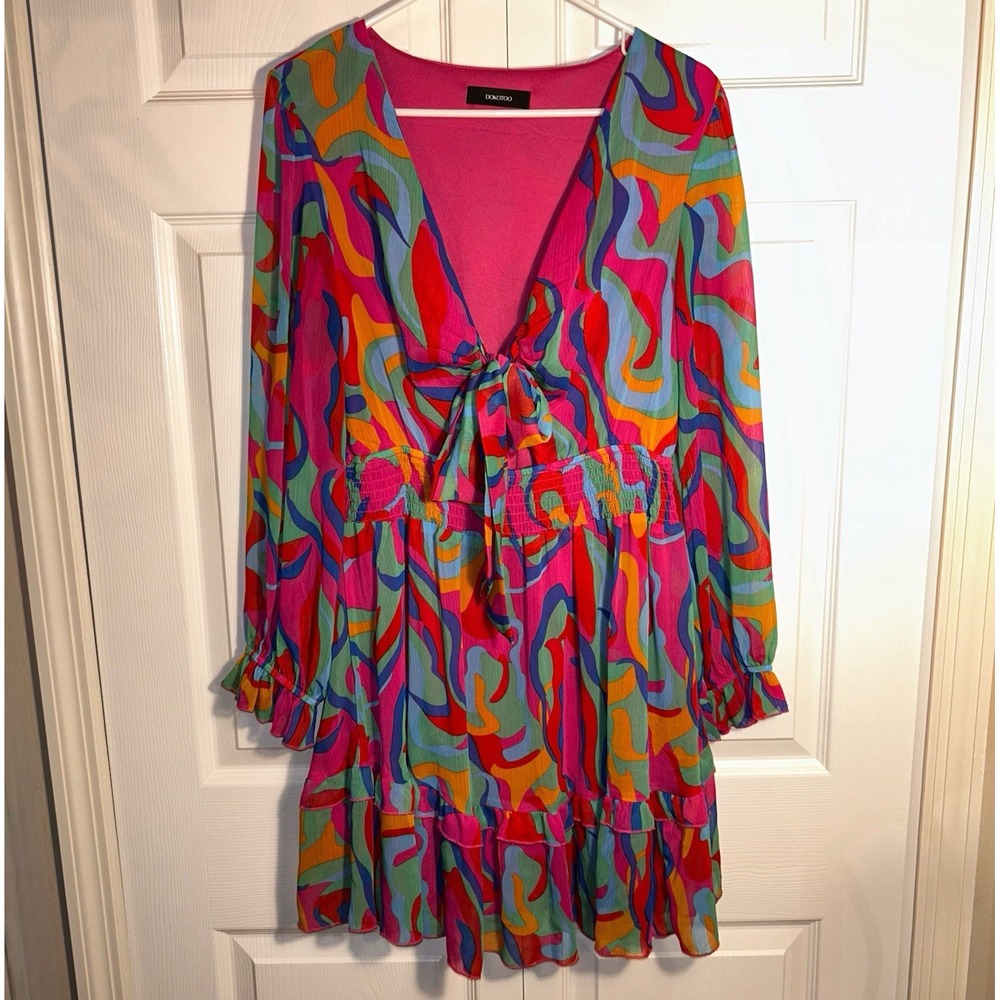 DOKOTOO Coquette Multicolor V-Neck Tie Front Ruffle Lined Chiffon Dress Sz L